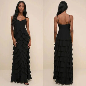 Lulu's Regal Moment Black Sleeveless Ruffled Tiered Maxi Dress Wedding Party